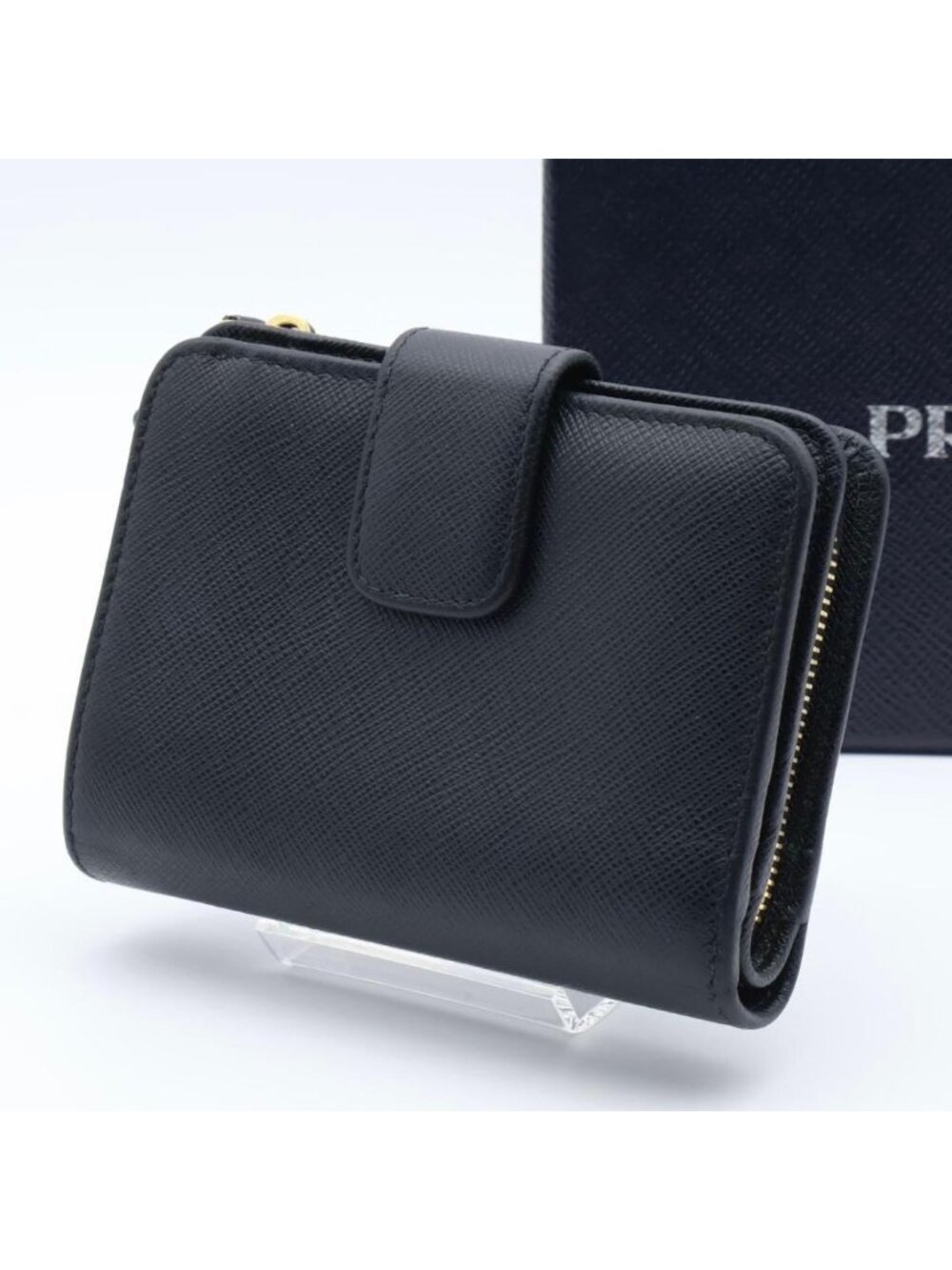Prada Metal Logo Bifold Wallet Saffiano Leather Black L-shape - Picture 10 of 10